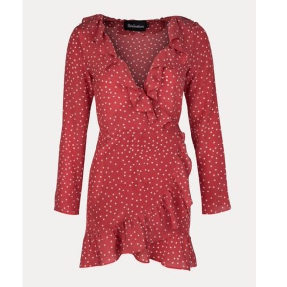 447. REALISATION Par Alexandra Silk Red Star Print Wrap Ruffle Mini Dress EUC M - Picture 8 of 8